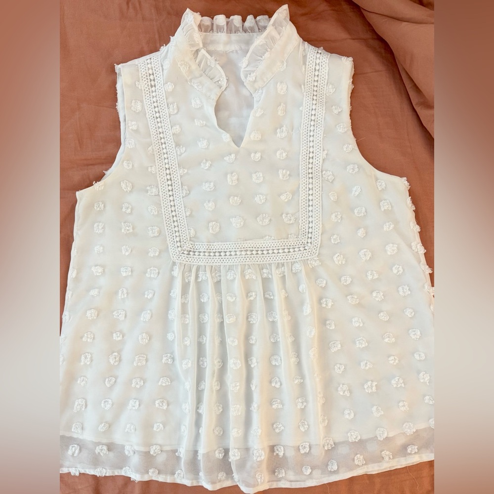👀 White Dotted Swiss Sleeveless Blouse